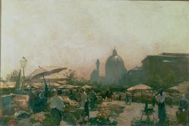 Ein Markt mit der St. Karlskirche in der Ferne, Wien, um 1894